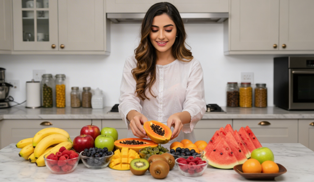 A woman in a modern kitchen is preparing a vibrant assortment of fresh fruits, showcasing a healthy and balanced fruit diet.