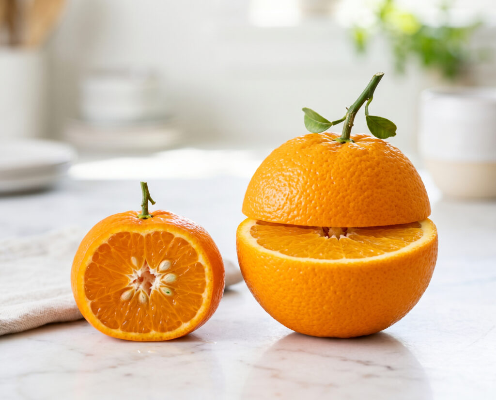 mandarin orange next to a regular sized orange
