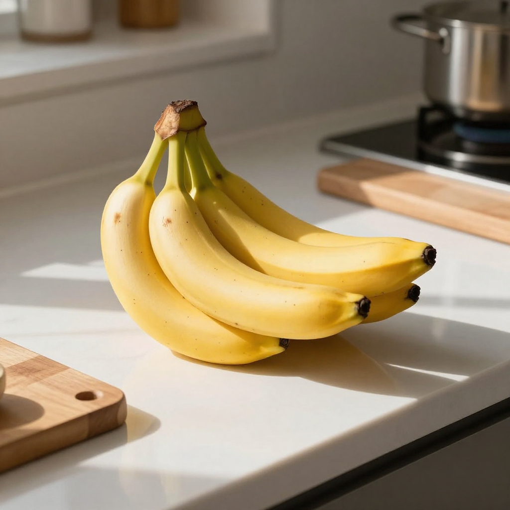 A ripe bunch of bananas resting on a sunlit kitchen countertop, creating a warm and fresh everyday scene.

