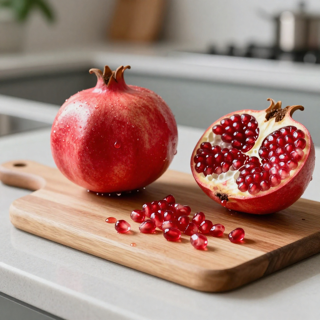 A fresh pomegranate, both whole and cut open, with vibrant red seeds scattered on a wooden board.
