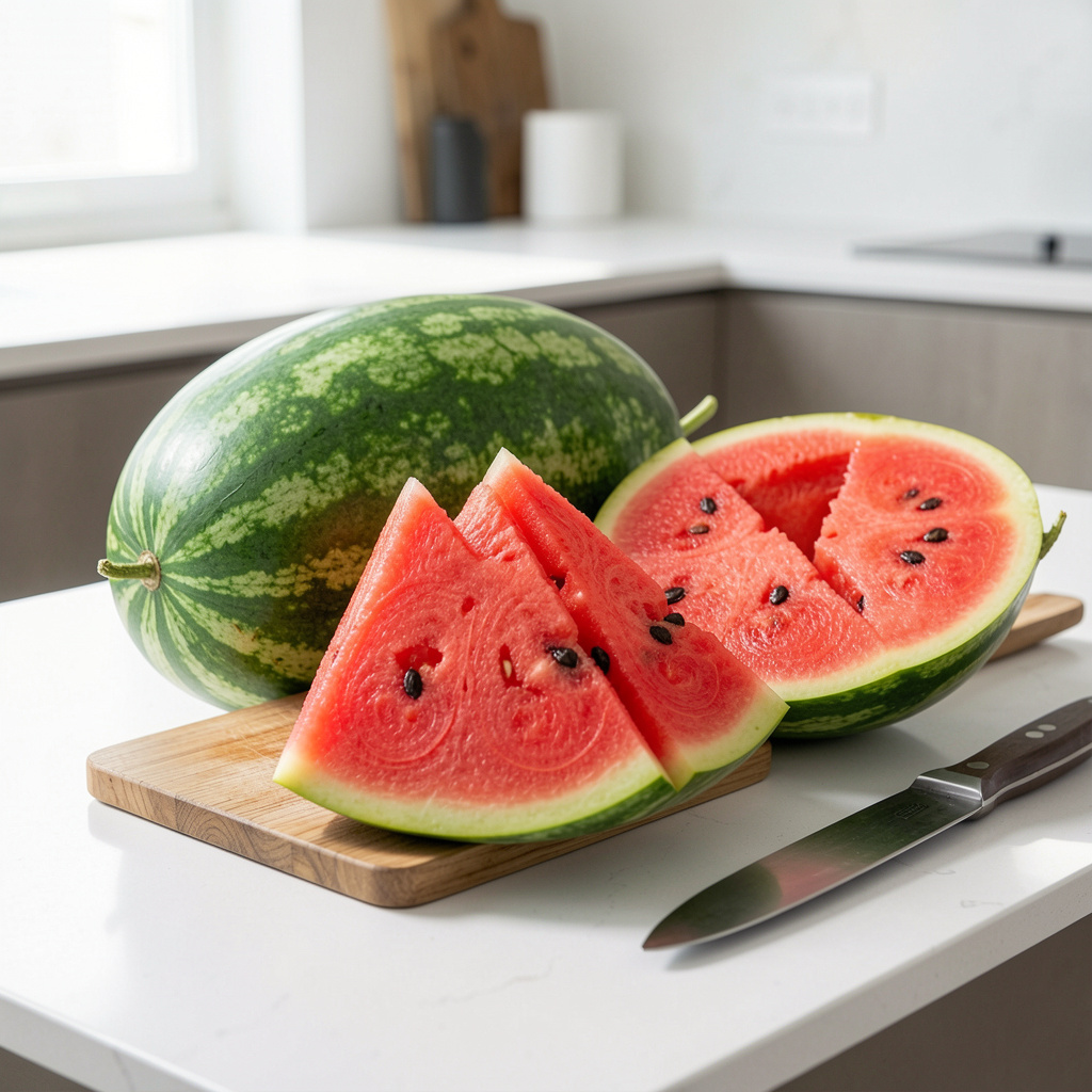 A fresh watermelon cut into juicy slices on a kitchen counter, showcasing its bright red flesh and seeds.
