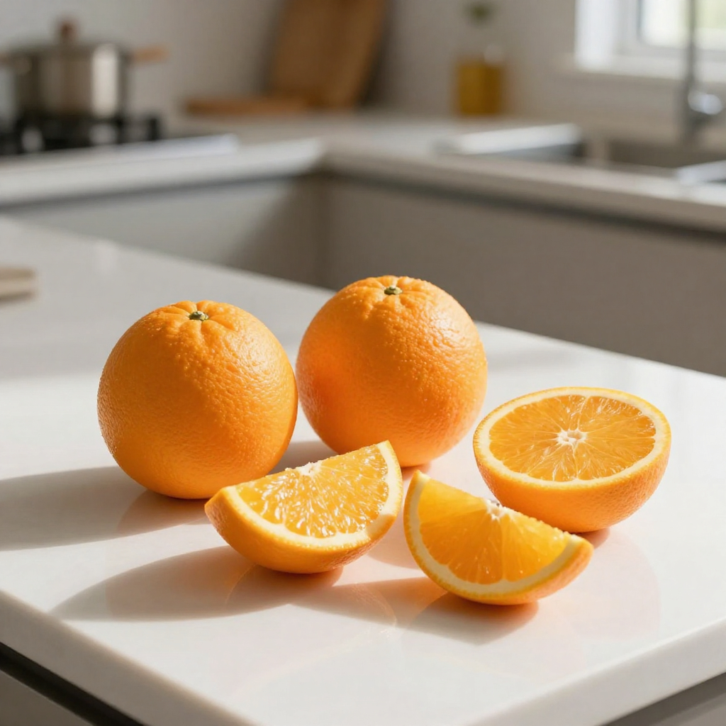 Fresh oranges and sliced wedges placed on a sunlit kitchen counter, highlighting their vibrant color and juiciness.
