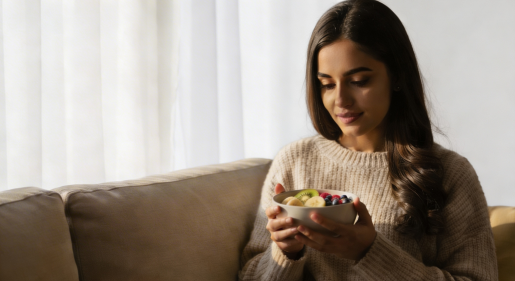A young woman curled up on a couch gazes warmly at a small bowl of fresh fruit, capturing a quiet moment of mindful, nourishing self-care.