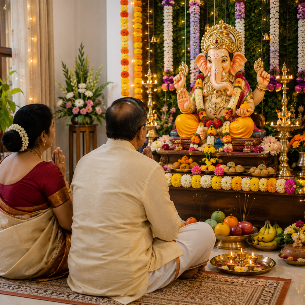 Ganesh Chaturthi wishes with parents praying before a beautifully decorated Lord Ganesha idol.