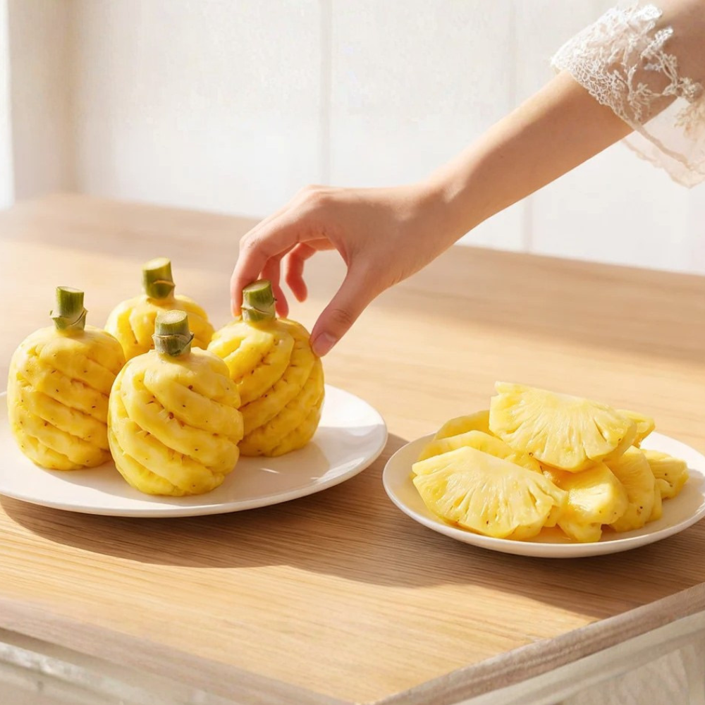 Honey Pineapple being selected and served fresh with sliced pineapple on a plate.