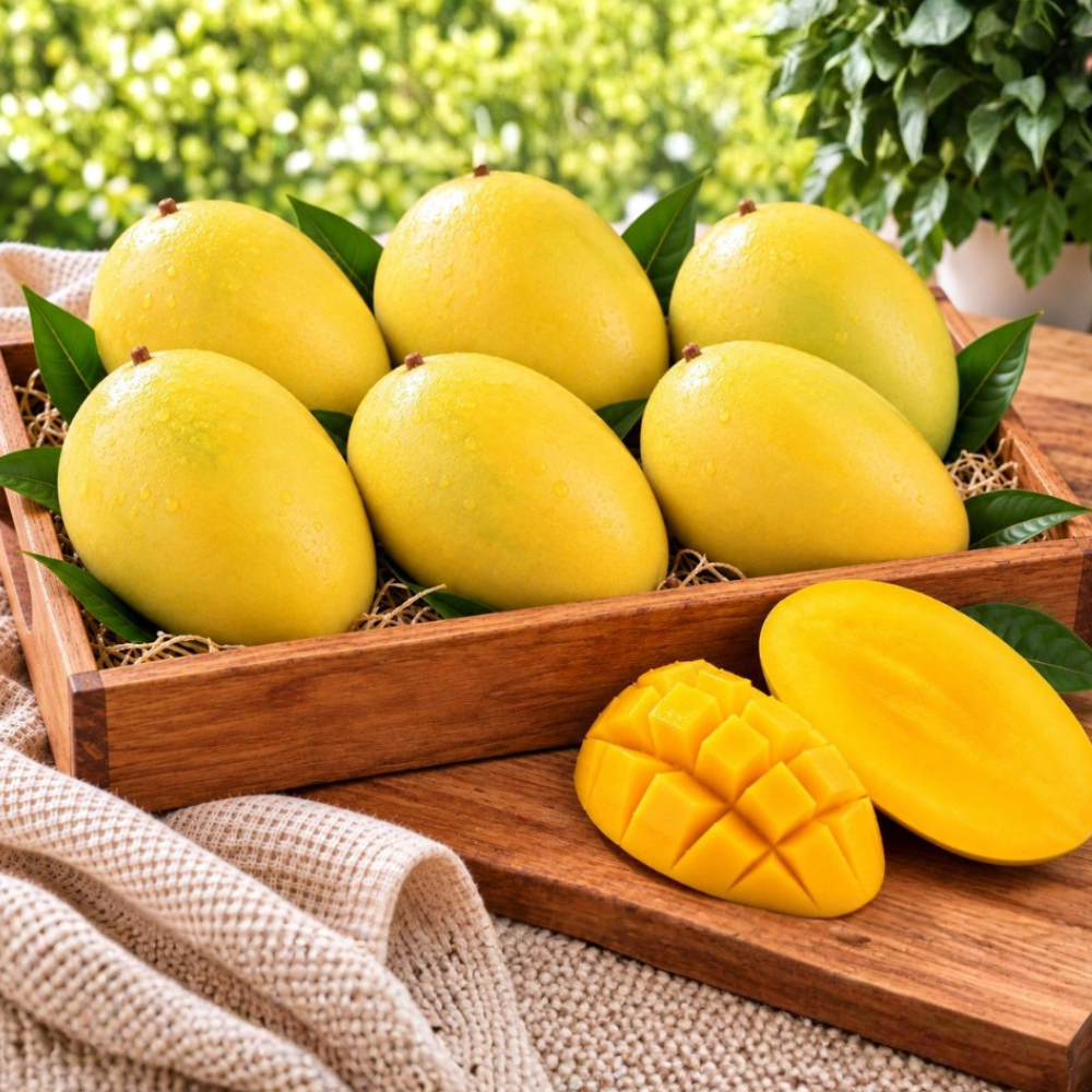 Egypt Mango in India arranged in a wooden crate with fresh green leaves, alongside a sliced mango on a wooden board.
