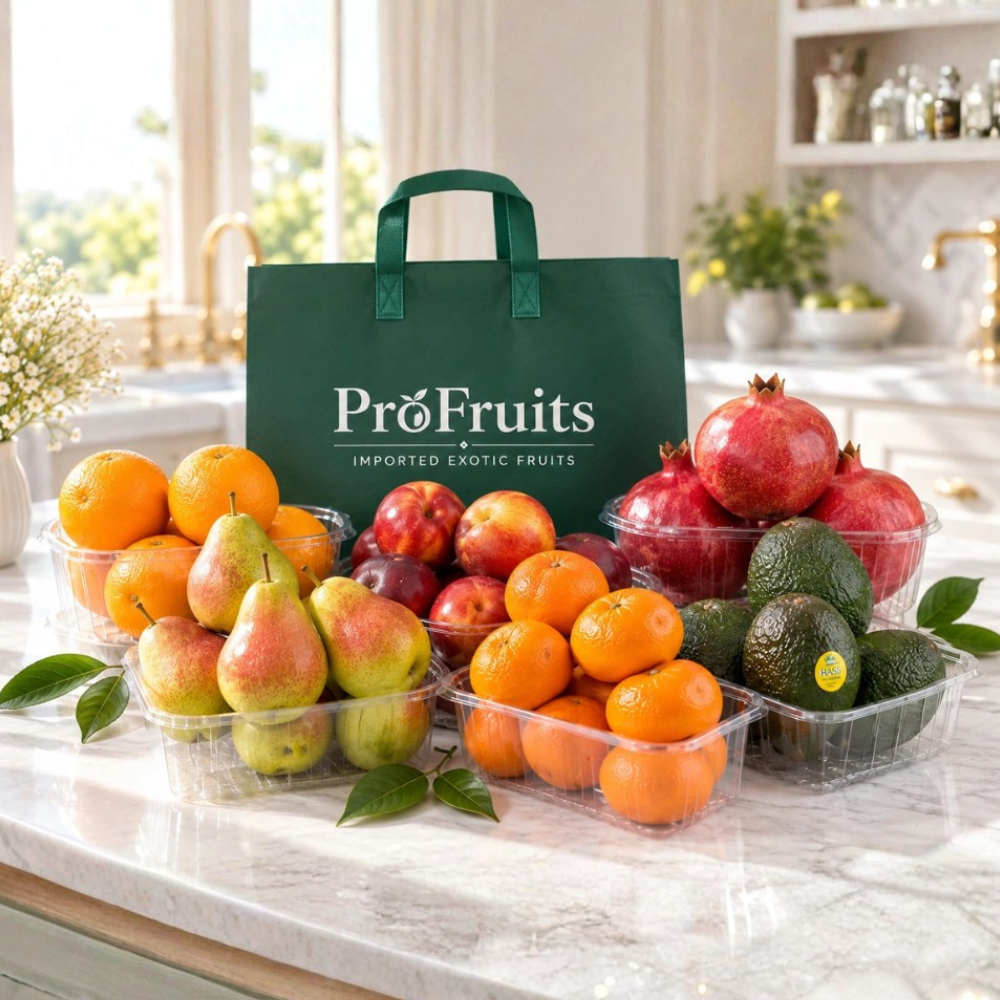 Fresh fruits in bag with premium apples, oranges, pears, pomegranates and avocados by ProFruits in Mumbai