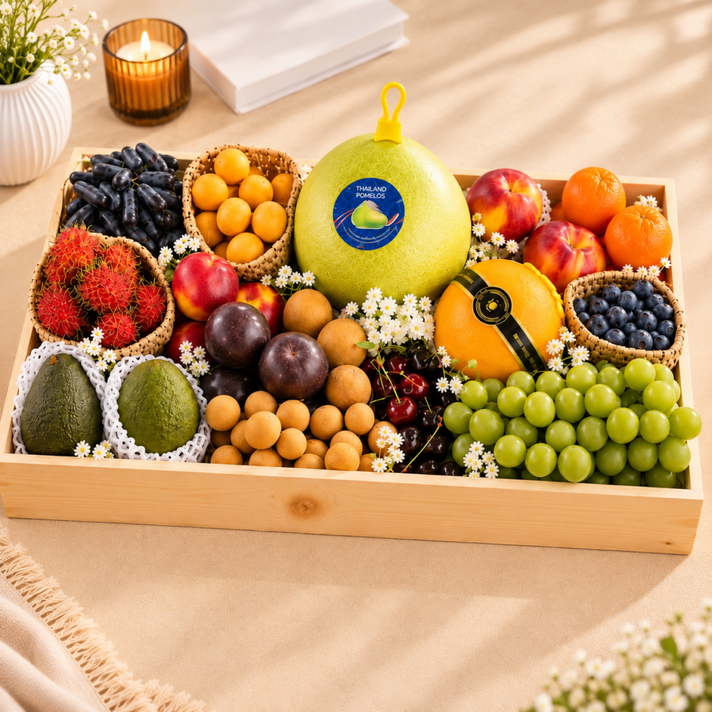 Order Gift Online Mumbai with a premium fruit hamper featuring exotic fruits, grapes, rambutan, blueberries, pomelo, avocados and cherries.