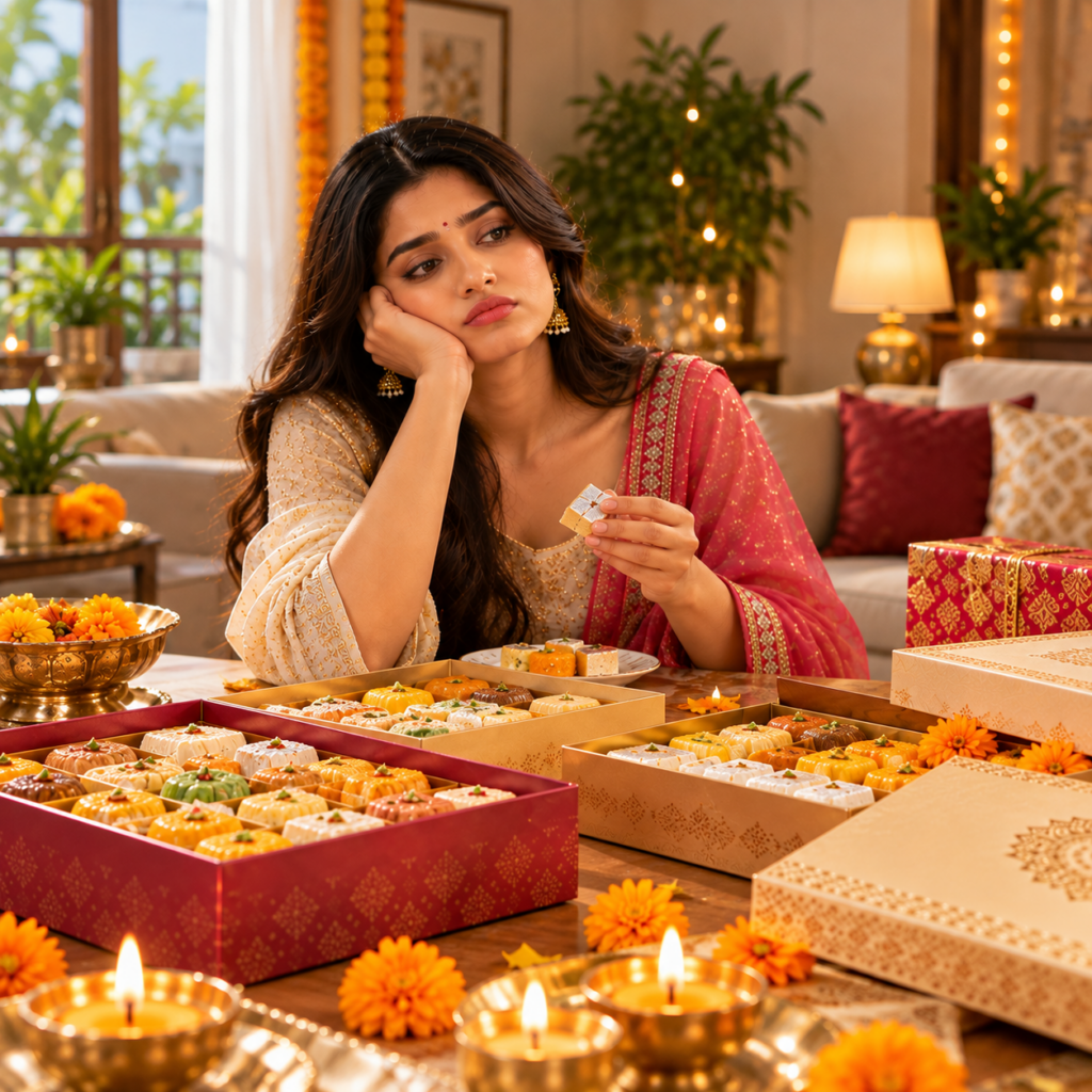 A woman looking bored with traditional Diwali sweets surrounded by mithai boxes and festive decorations, highlighting why a fruit hamper can be a fresh gifting alternative.