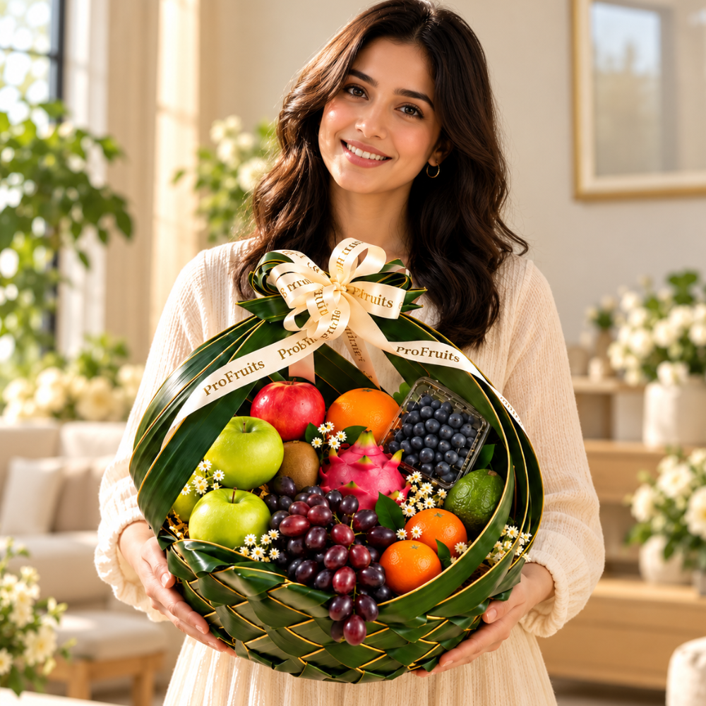 Gift Hamper Mumbai featuring a woman holding a premium fruit hamper filled with apples, grapes, dragon fruit, blueberries, oranges and other fresh fruits.