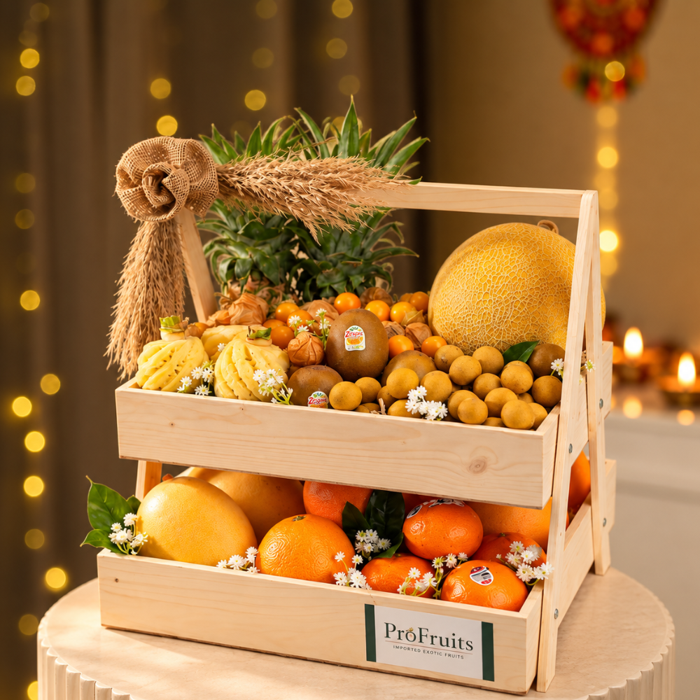 Diwali Gift Idea featuring a premium ProFruits fruit hamper with exotic fruits, festive décor, and elegant wooden packaging.