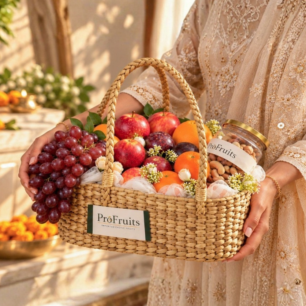 Diwali Gift Baskets featuring exotic fruits and premium dry fruits by ProFruits, perfect for sharing festive joy with family and friends.