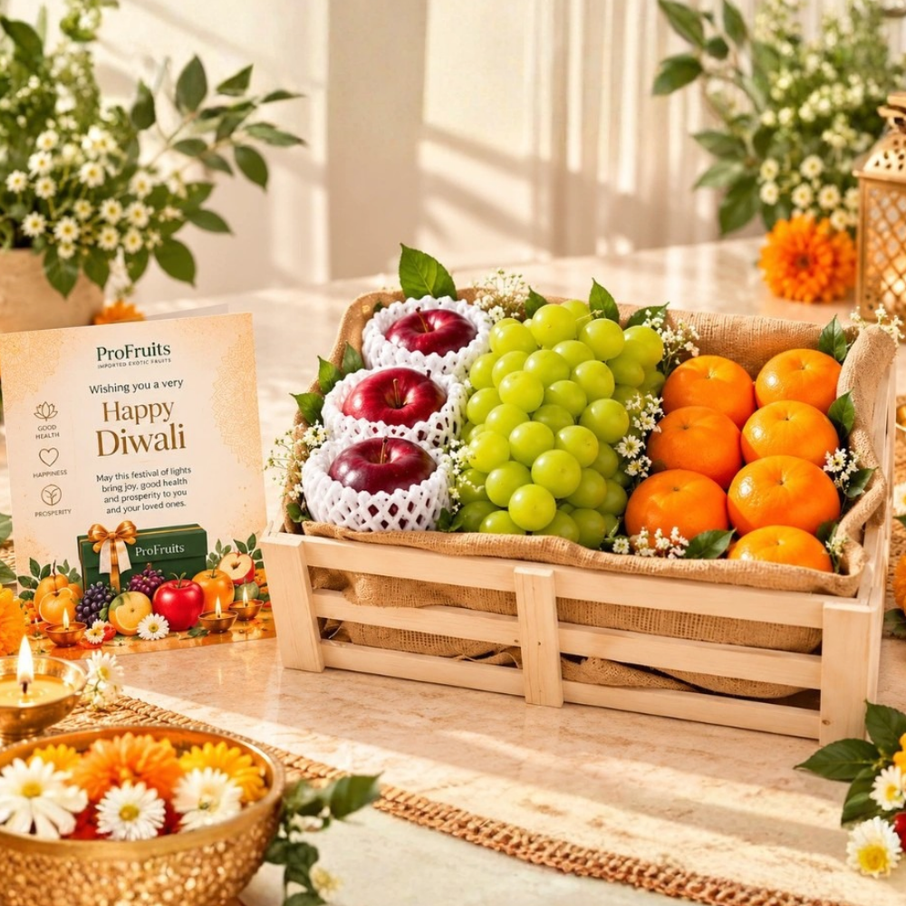 Diwali fruit and dry fruit hamper in Mumbai with fresh fruits, festive greeting card, and premium ProFruits gifting presentation.