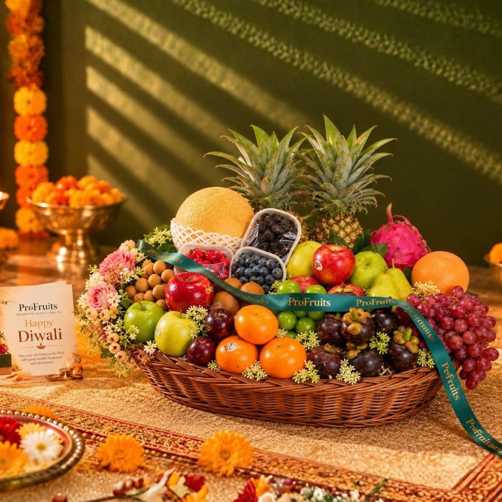 Corporate Diwali Gifts featuring a premium ProFruits hamper filled with exotic fruits, berries, nuts, and festive floral decorations