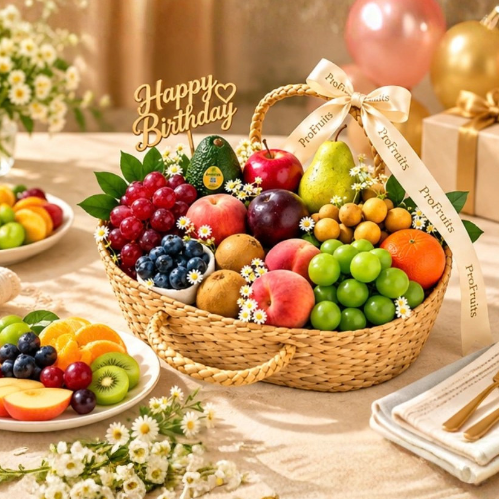 Birthday Gift Delivery in Mumbai featuring a premium fruit basket with fresh apples, grapes, blueberries, pears, peaches, plums and oranges.