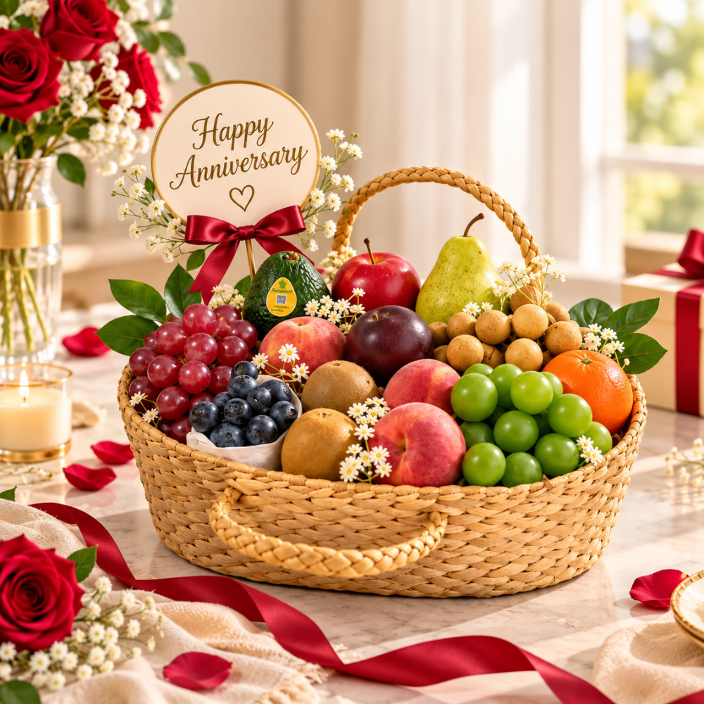 Anniversary Gift Ideas featuring a beautifully arranged fruit hamper with a Happy Anniversary tag, fresh fruits, red roses and elegant festive décor.